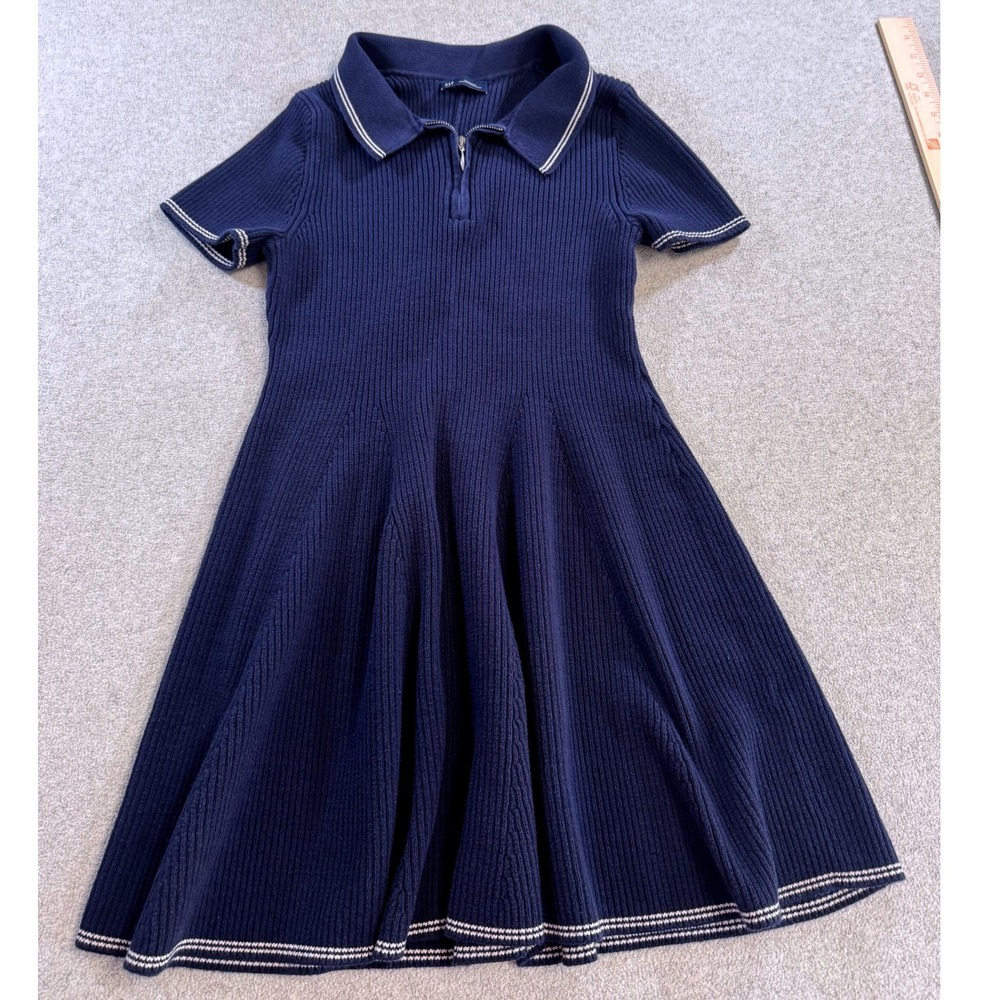 Gap Polo Dress‎ Womens Medium Navy Blue Ribbed Knit Quarter Zip Fit And Flare